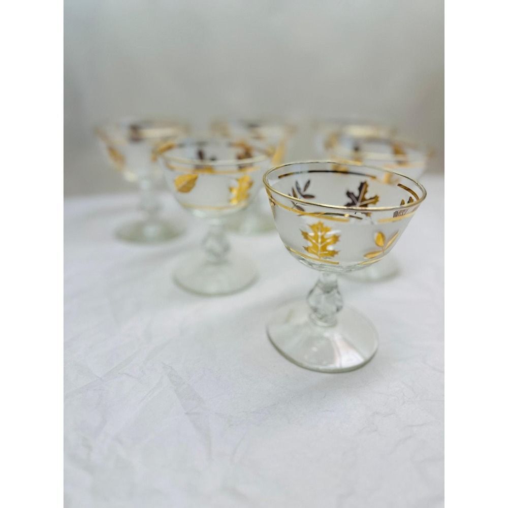 Vintage Libbey Gold Foliage Coupe Glasses Set 6